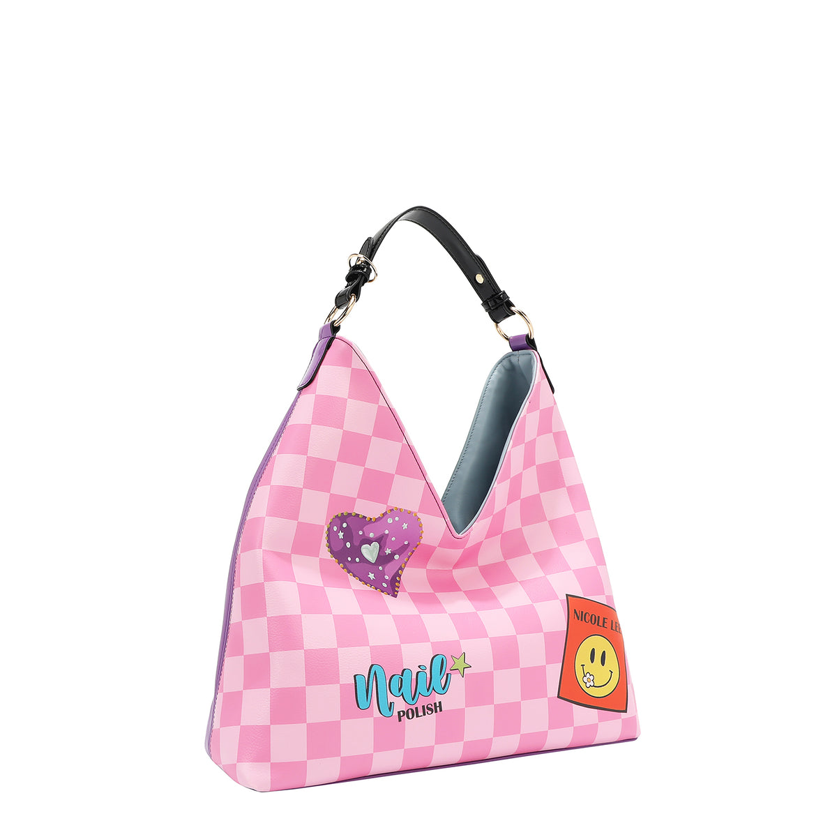 OUR HOBO BAG IN OUR NICOLE LEE NAIL POLISH DESIGN. PINK CHECKER PRINT WITH A YELLOW SMILE FACE AND A PURPLE HEART.