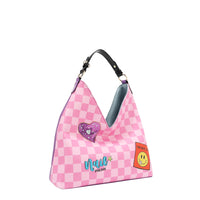 OUR HOBO BAG IN OUR NICOLE LEE NAIL POLISH DESIGN. PINK CHECKER PRINT WITH A YELLOW SMILE FACE AND A PURPLE HEART.