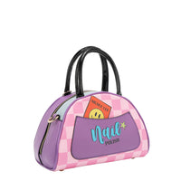 THE BACK OF OUR NAIL POLISH MINI DOME BAG IN PINK CHECKER PRINT AND HAS A PURPLE SLIP POCKET.
