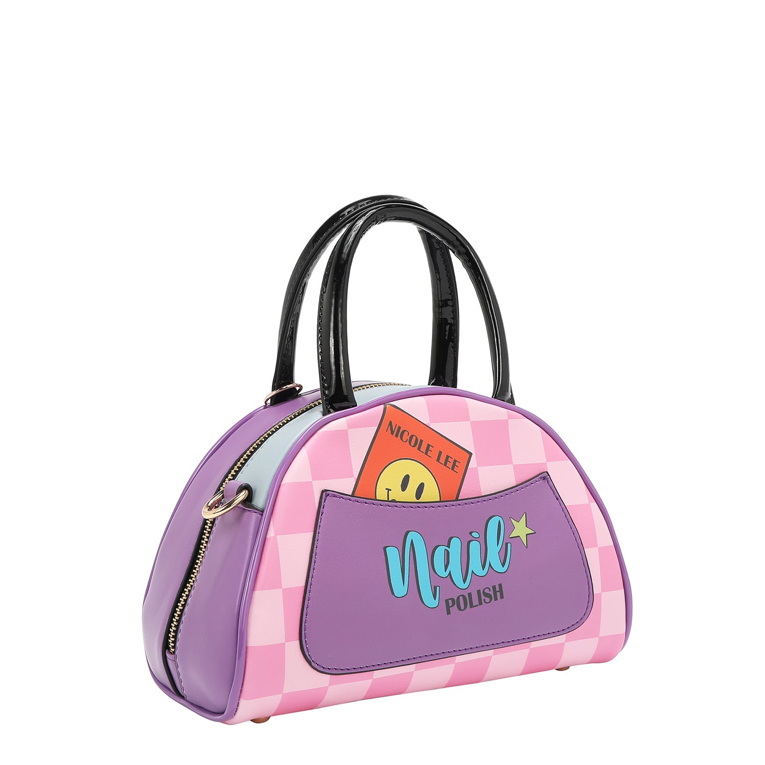 THE BACK OF OUR NAIL POLISH MINI DOME BAG IN PINK CHECKER PRINT AND HAS A PURPLE SLIP POCKET.
