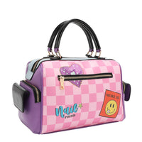 THE BACK OF OUR NAIL POLISH HANDBAG IN PINK CHECKER PRINT AND WITH SLIP POCKET. PINK CHECKER PRINT.
