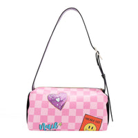Back view of Our Nail Polish shoulder Bag with heart and smiley face details on with Pink checkered background.