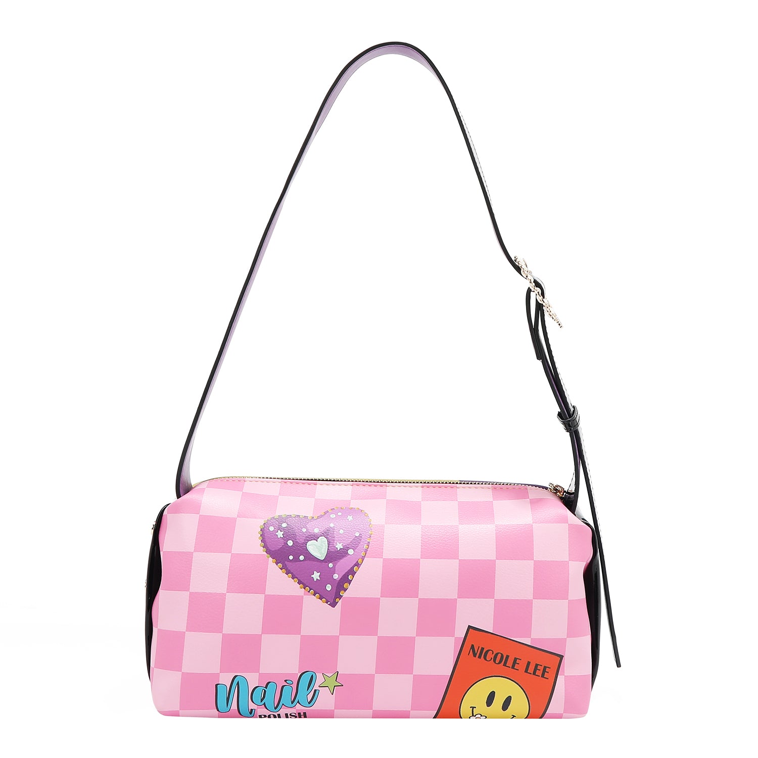 Back view of Our Nail Polish shoulder Bag with heart and smiley face details on with Pink checkered background.