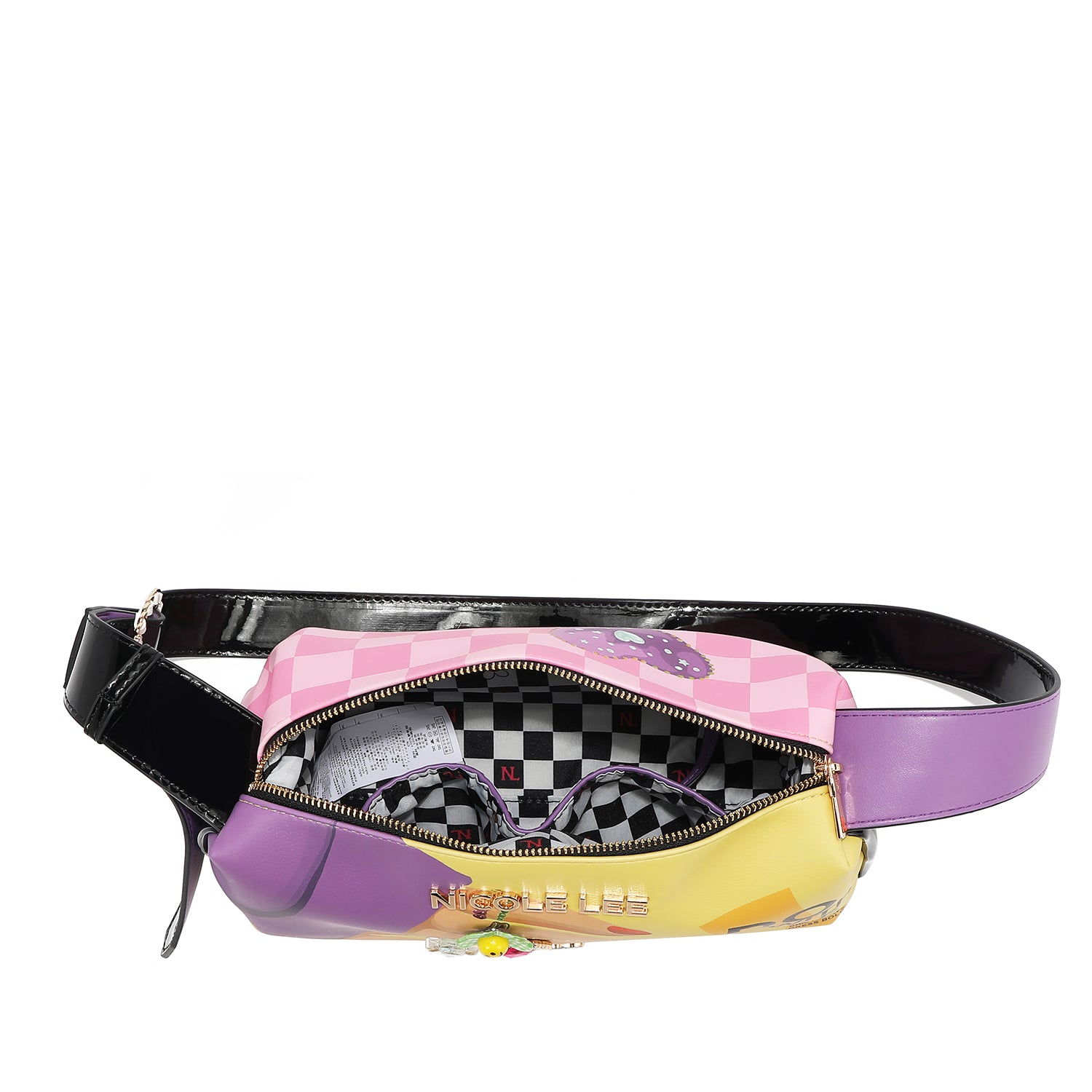 Top angle of Our Nail Polish shoulder bag, featuring a black and purple strap with embellishments and gold-tone hardware. Has a main zip top closure that opens up to reveal an interior slip pocket and a structured rectangular base. 