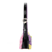 Side profile view of the Our Nail Polish shoulder bag, featuring a black abd purple strap, with embellishments and gold-tone hardware.