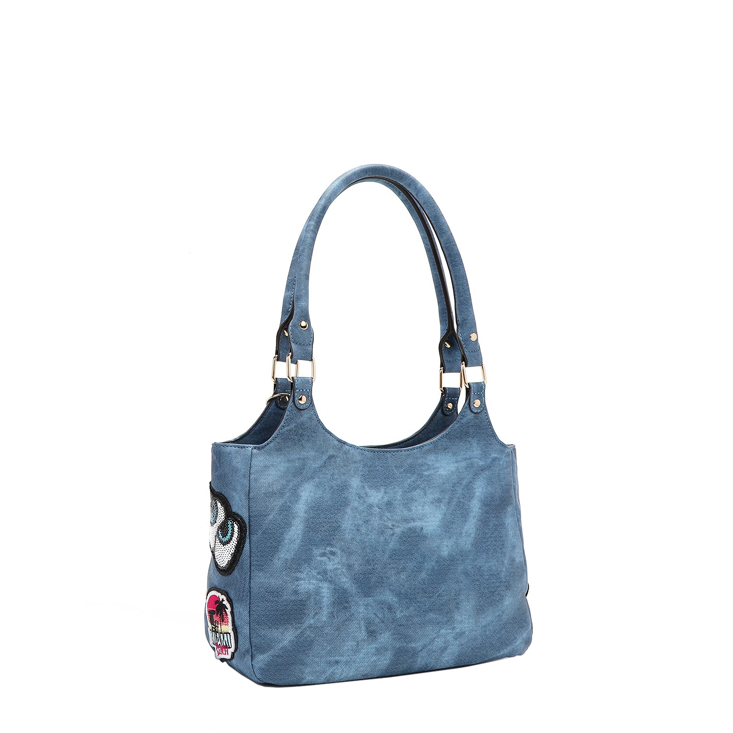 Multi Patch Shoulder Bag, Vegan Leather with Denim Look, Cat/Dog