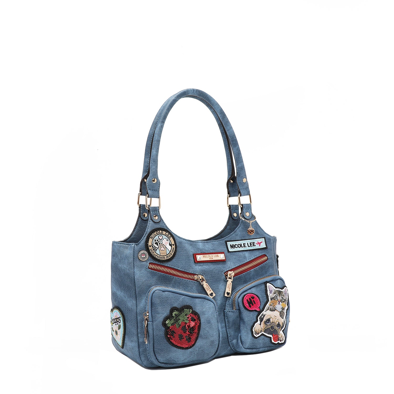 Multi Patch Shoulder Bag, Vegan Leather with Denim Look, Cat/Dog
