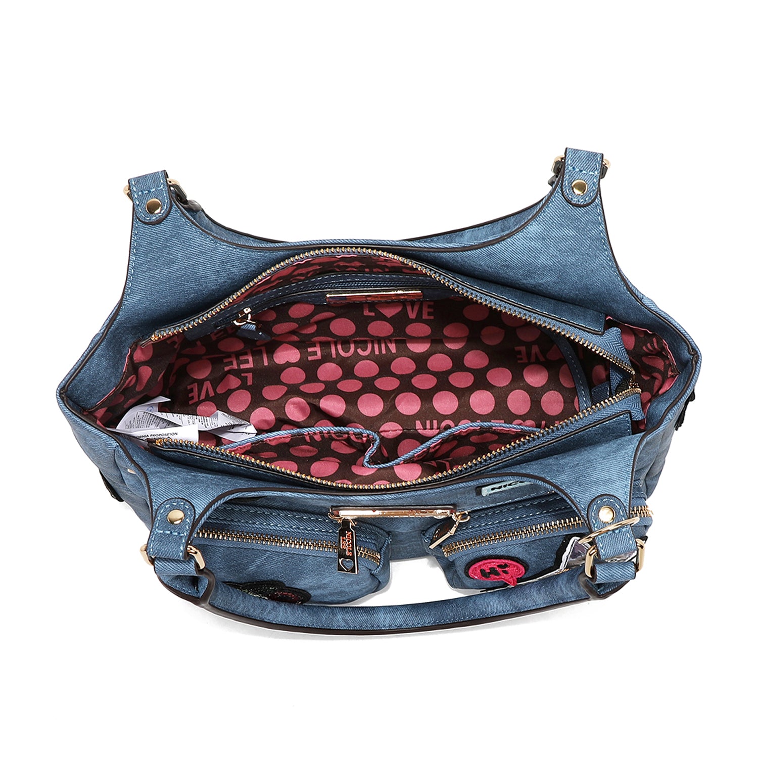 Multi Patch Shoulder Bag, Vegan Leather with Denim Look, Cat/Dog