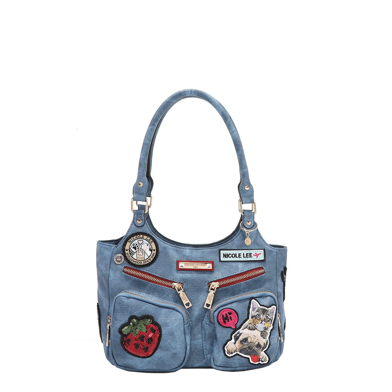 Multi Patch Shoulder Bag, Vegan Leather with Denim Look, Cat/Dog Multi Patch Shoulder Bag, Vegan Leather with Denim Look, Cat/Dog