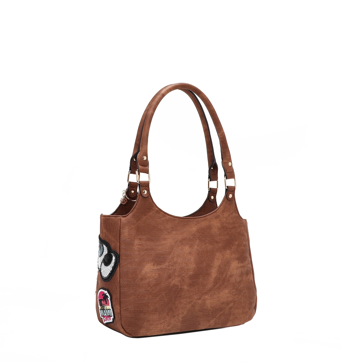 Multi Patch Shoulder Bag, Vegan Leather with Denim Look, Cat/Dog