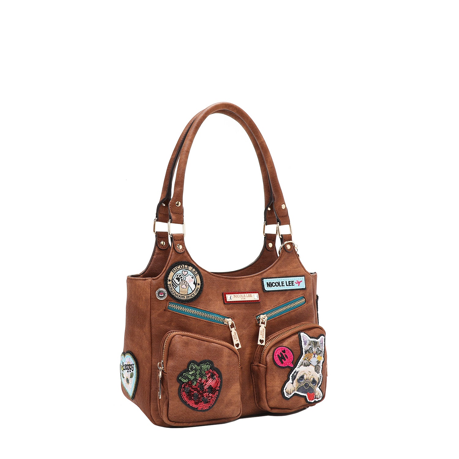 Multi Patch Shoulder Bag, Vegan Leather with Denim Look, Cat/Dog
