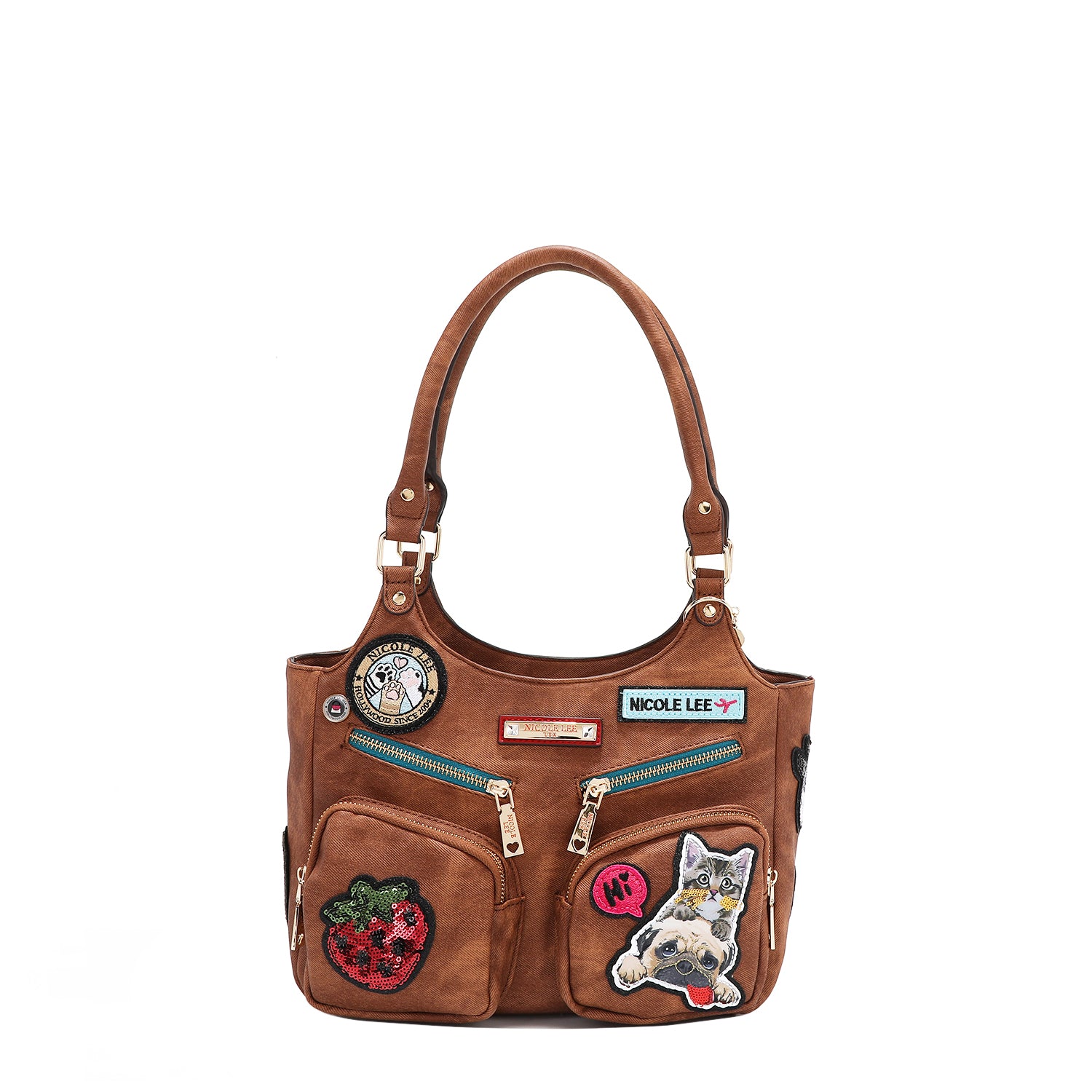 Multi Patch Shoulder Bag, Vegan Leather with Denim Look, Cat/Dog