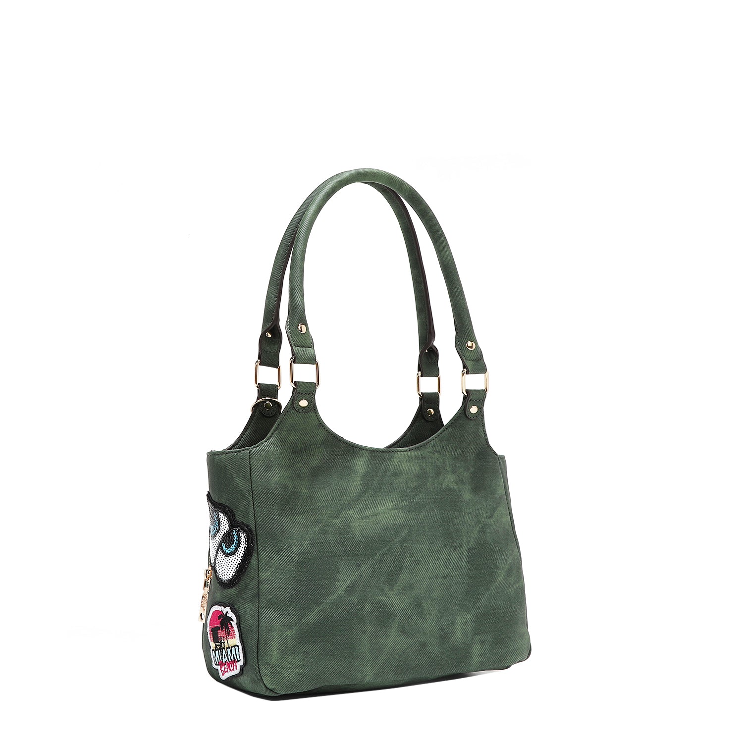 Multi Patch Shoulder Bag, Vegan Leather with Denim Look, Cat/Dog