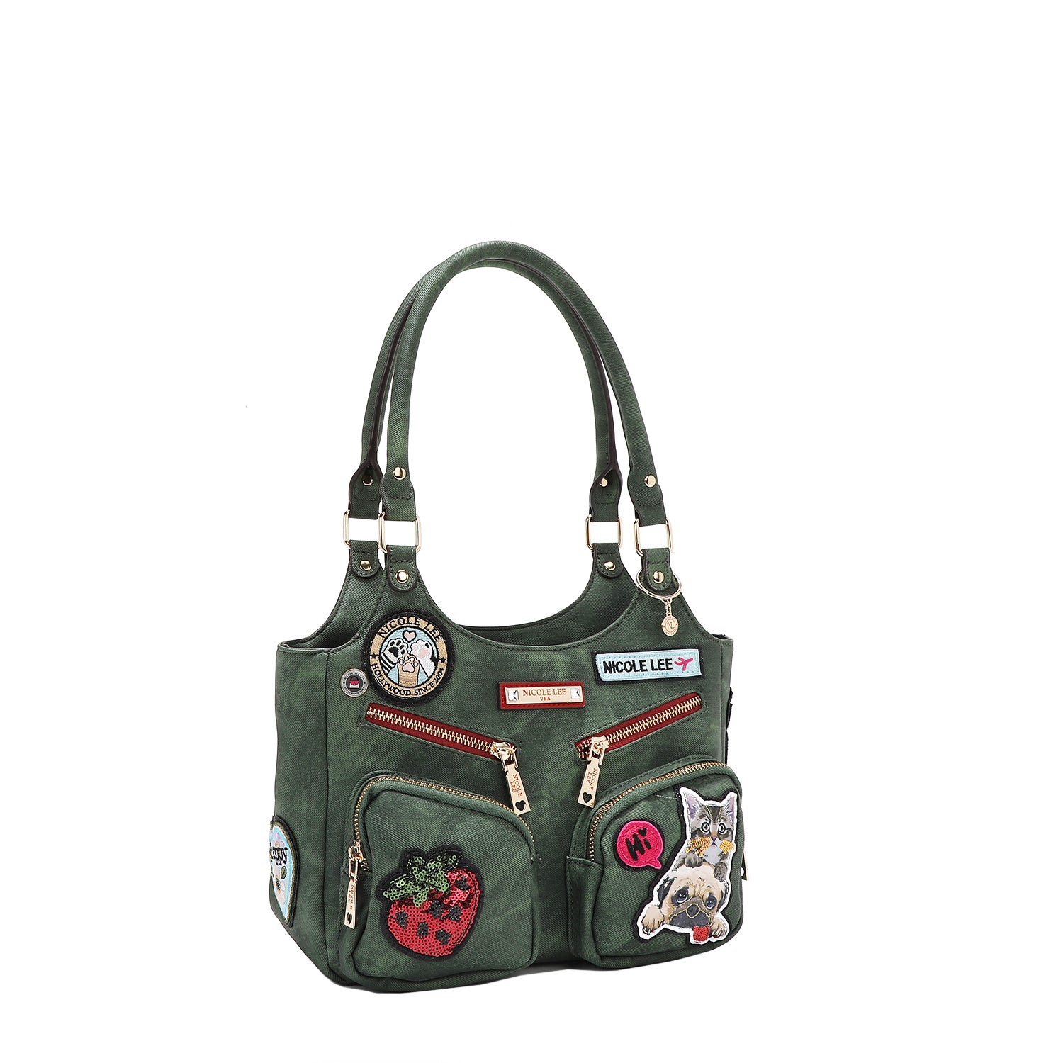 Multi Patch Shoulder Bag, Vegan Leather with Denim Look, Cat/Dog