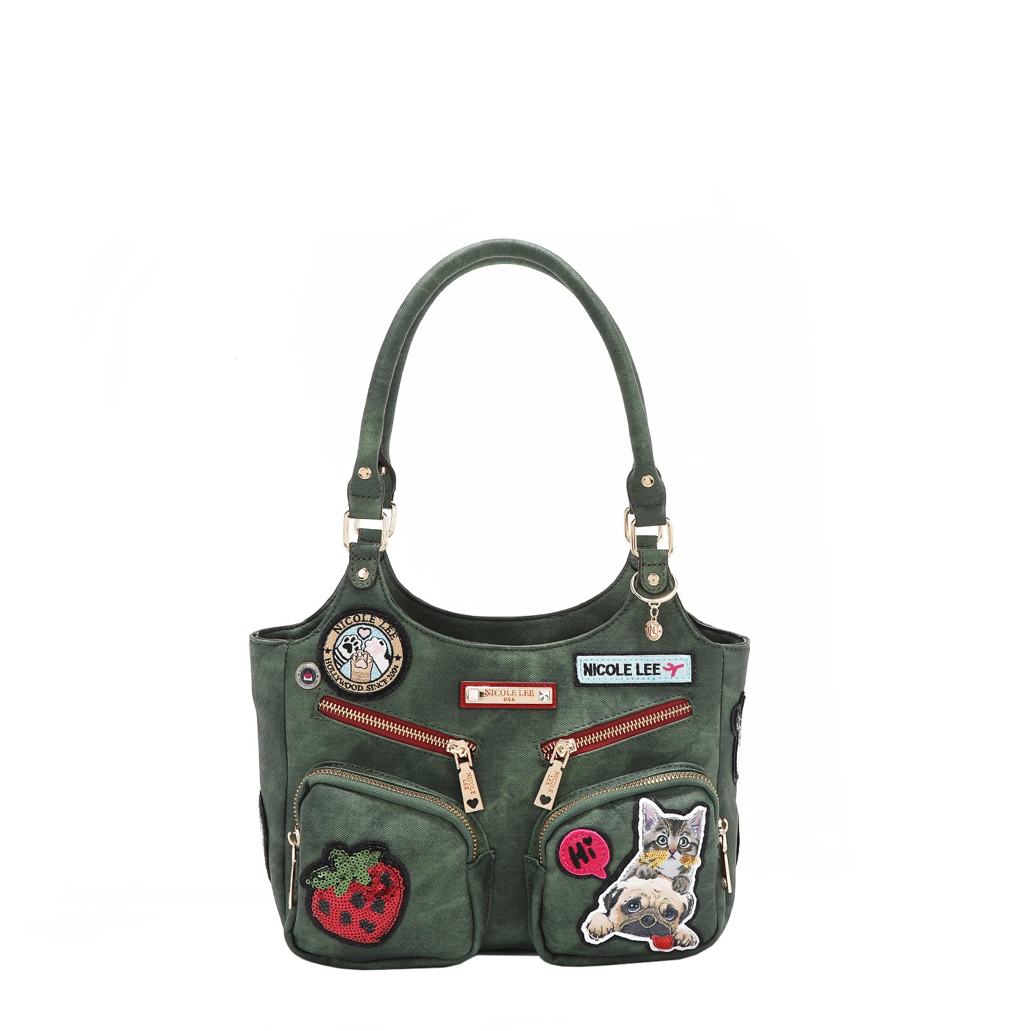 Multi Patch Shoulder Bag, Vegan Leather with Denim Look, Cat/Dog