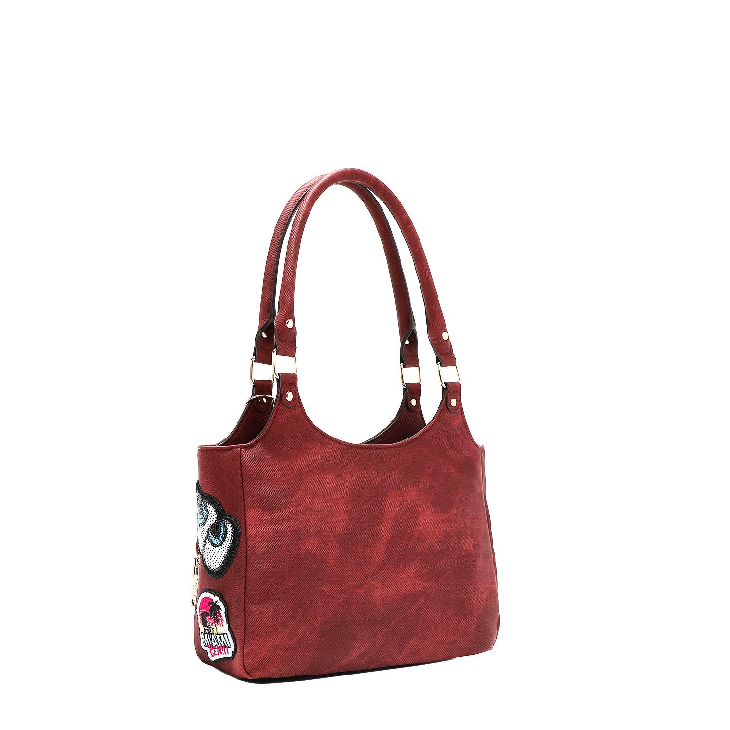 Multi Patch Shoulder Bag, Vegan Leather with Denim Look, Cat/Dog