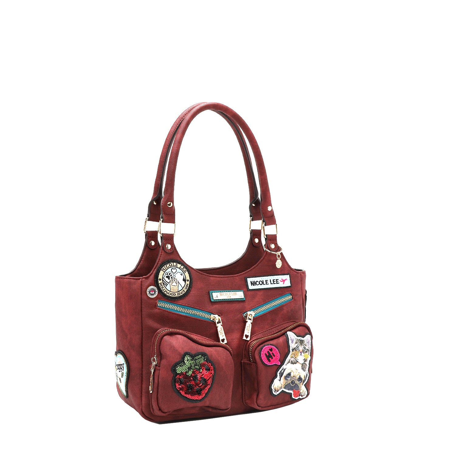 Multi Patch Shoulder Bag, Vegan Leather with Denim Look, Cat/Dog