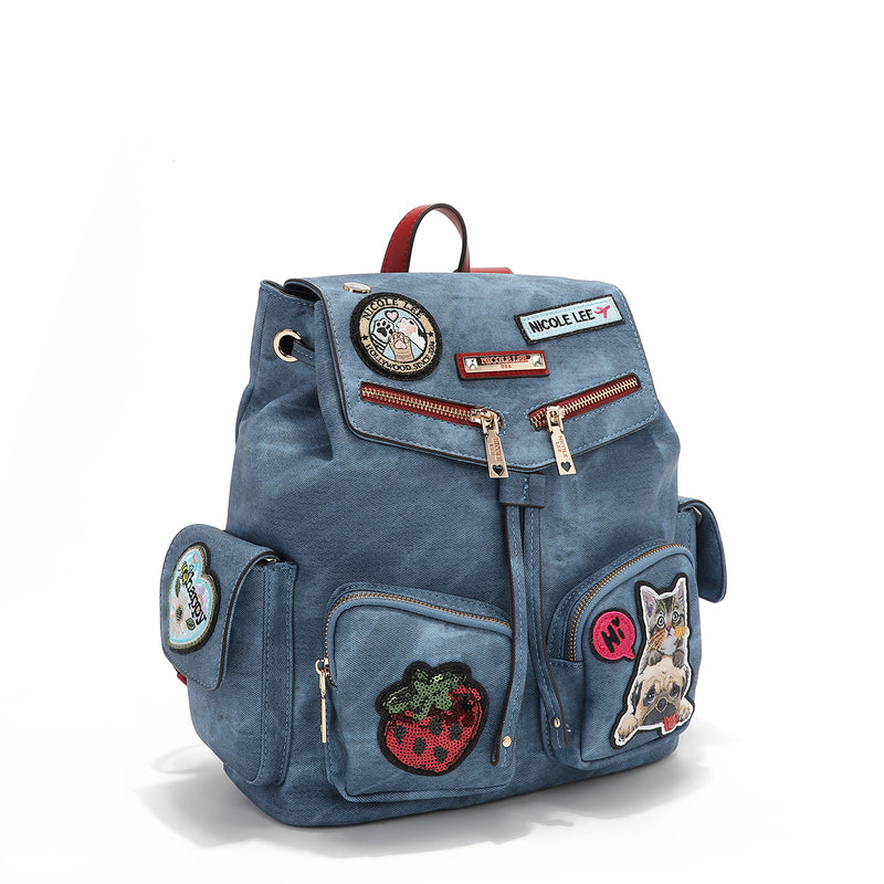 Multi Patch Backpack Vegan Leather with Denim Look Cat Dog Strawberries Nicole Lee Online