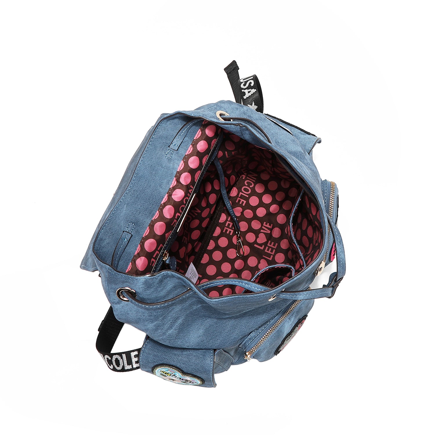 Multi Patch Backpack, Vegan Leather with Denim Look, Cat/Dog