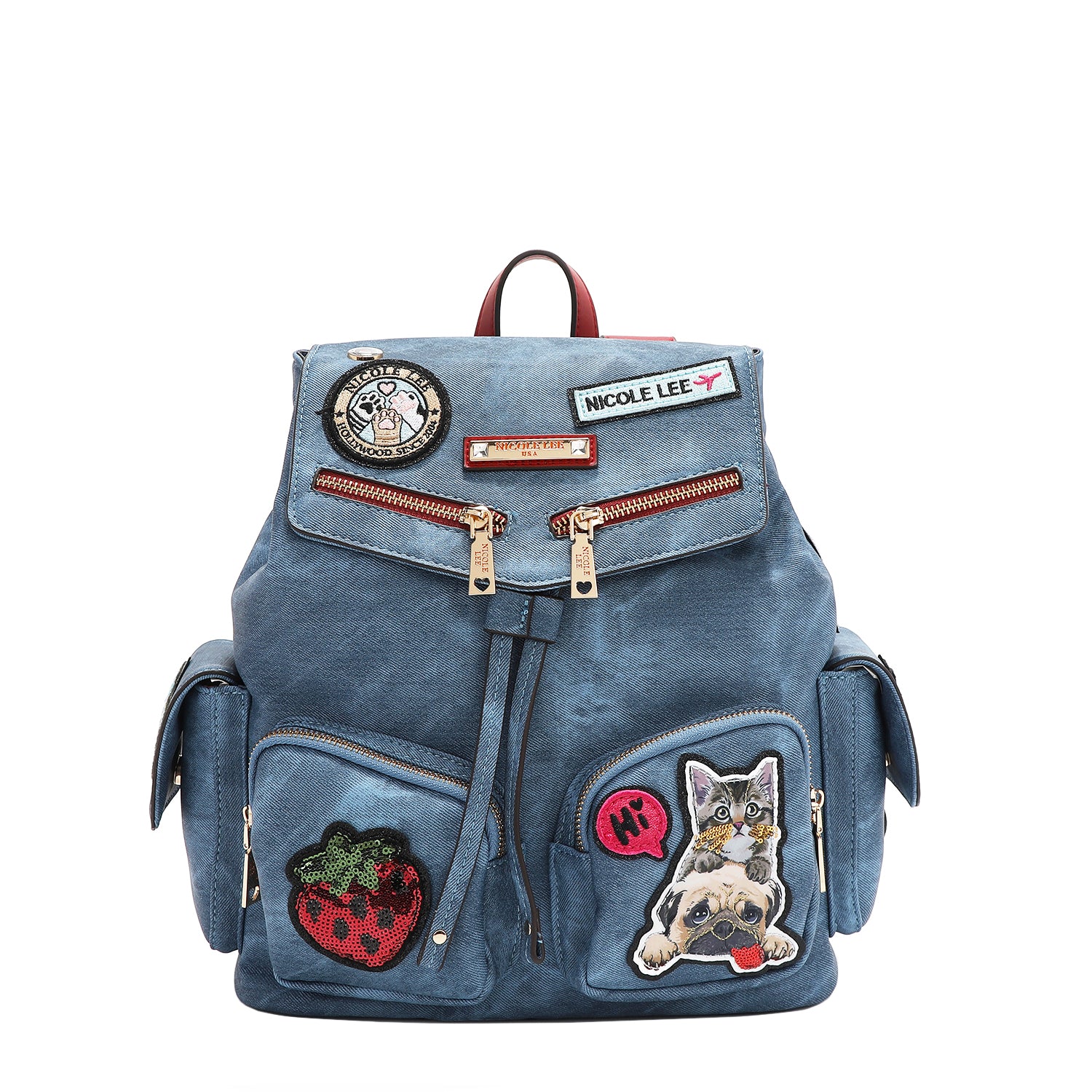 Multi Patch Backpack, Vegan Leather with Denim Look, Cat/Dog
