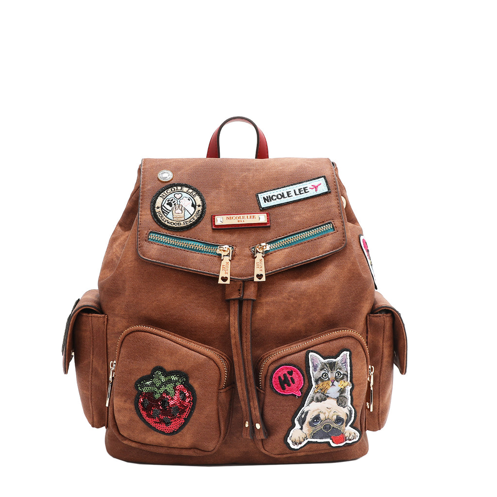 Multi Patch Backpack, Vegan Leather with Denim Look, Cat/Dog, Strawberries – Nicole Lee Online