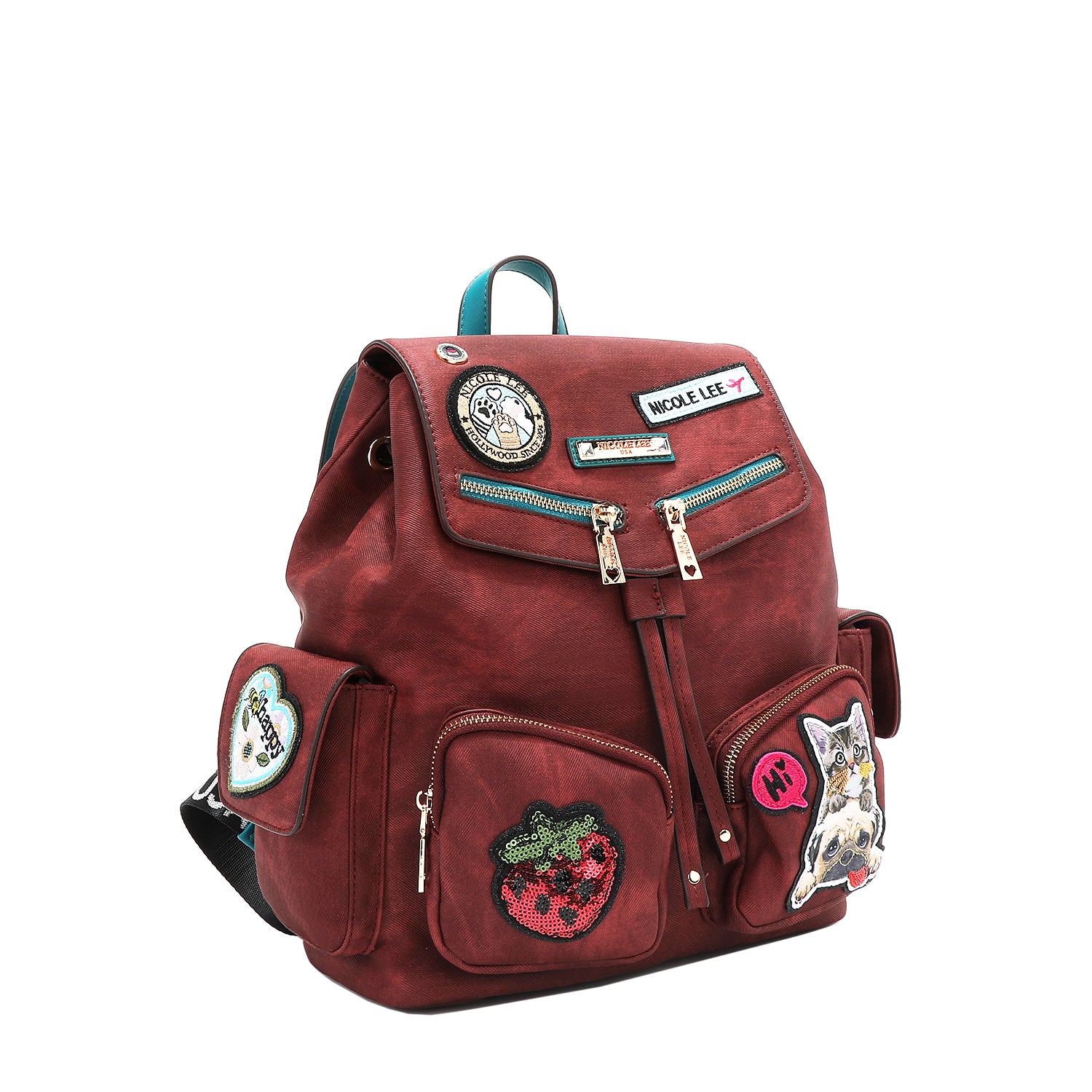 Multi Patch Backpack, Vegan Leather with Denim Look, Cat/Dog