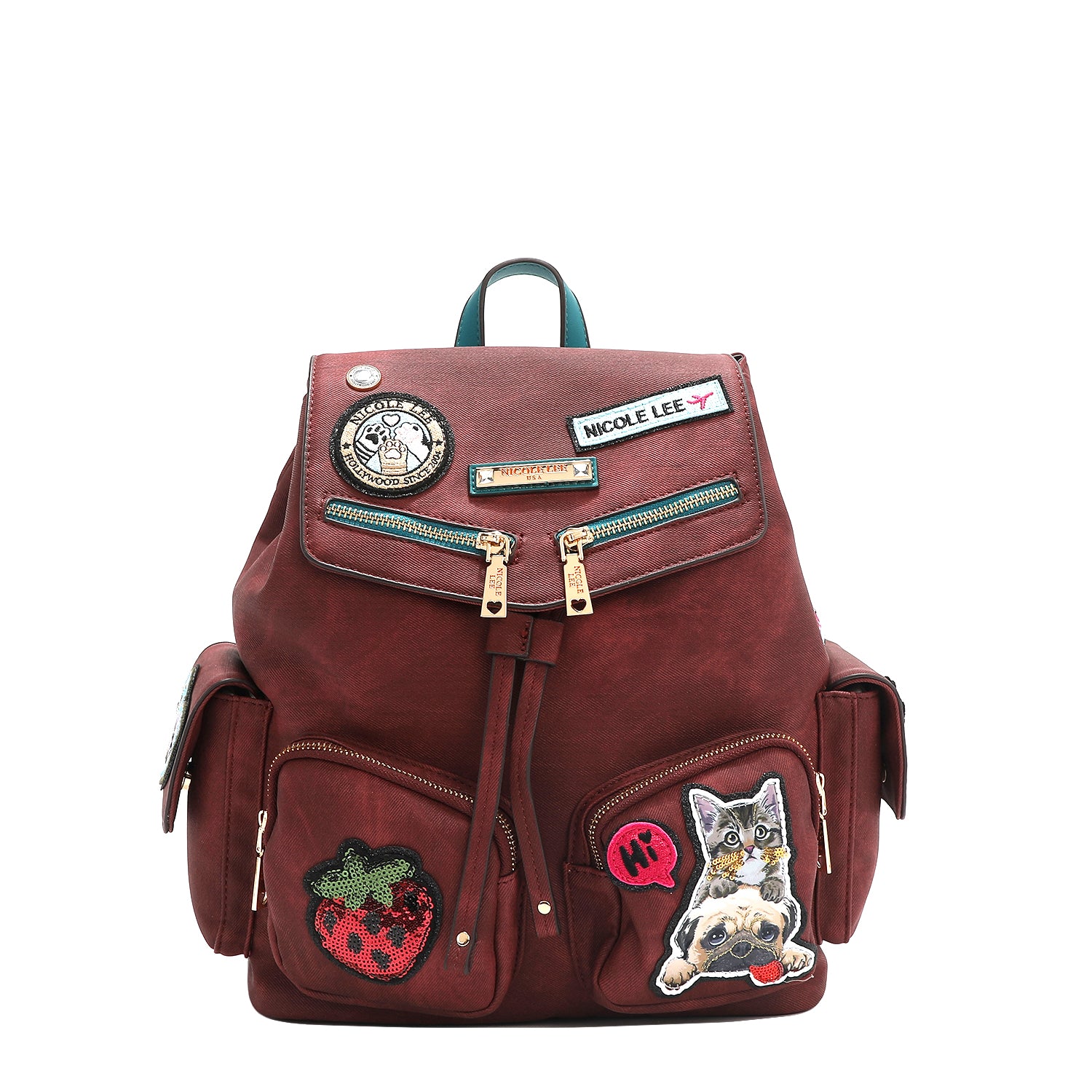 Multi Patch Backpack, Vegan Leather with Denim Look, Cat/Dog, Strawberries – Nicole Lee Online