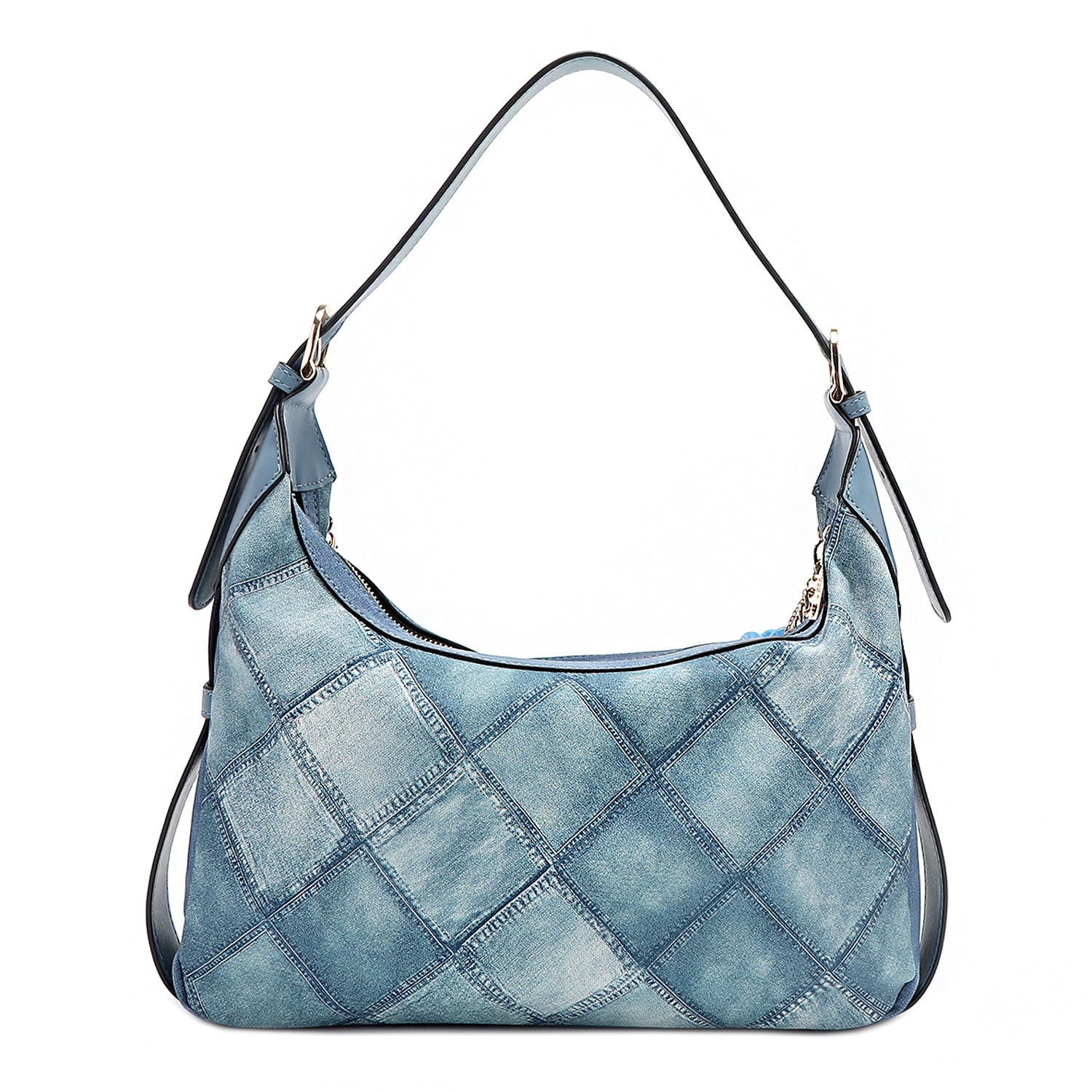 Blue Flower Shoulder Bag Embellished with Flower Pearl Gold Chain