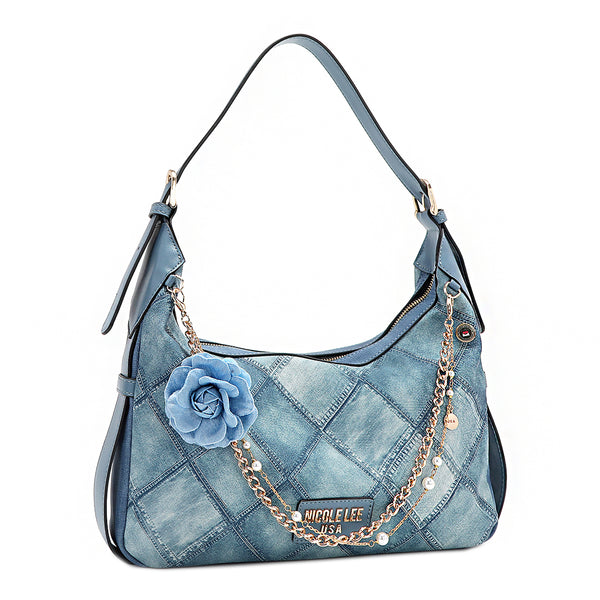 Blue Flower Shoulder Bag Embellished with Flower Pearl Gold