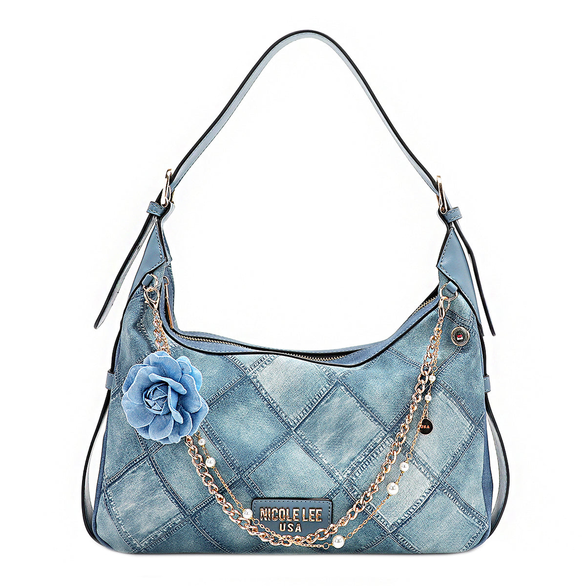 Blue Flower Shoulder Bag Embellished with Flower Pearl Gold Chain 