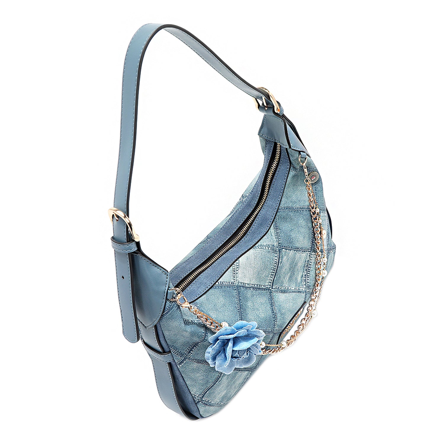 Blue Flower Shoulder Bag Embellished with Flower Pearl Gold Chain