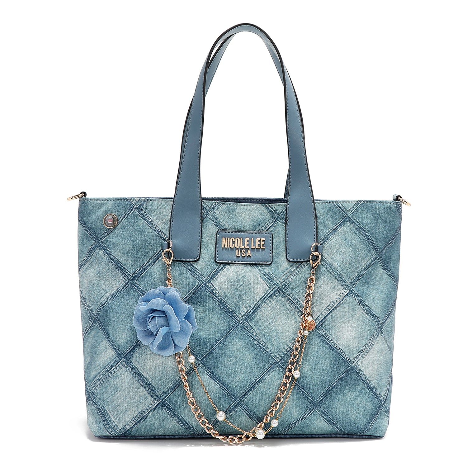 Blue Flower Tote Bag with Embellished Detachable flower and pearl