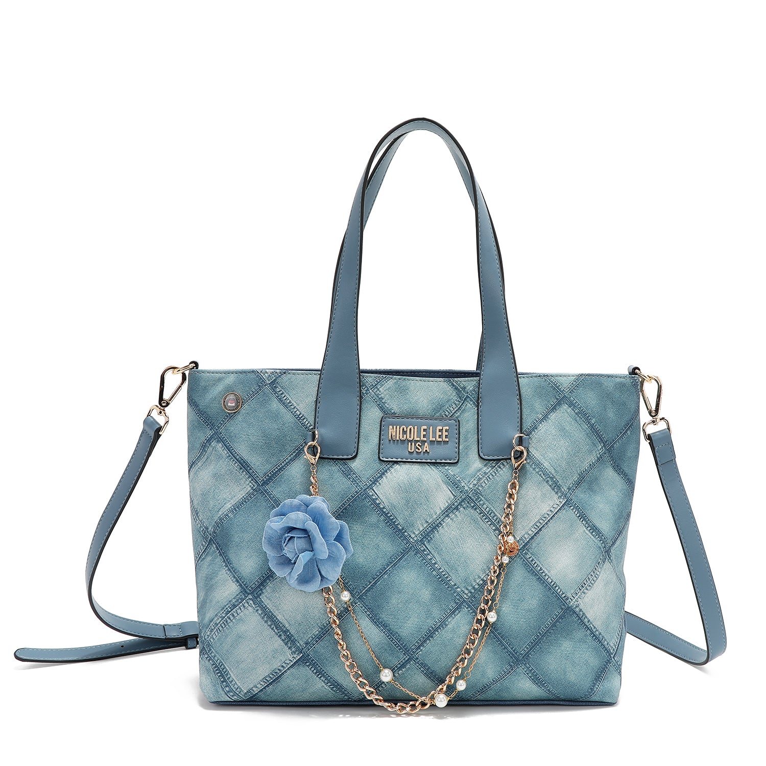 Blue Flower Tote Bag with Embellished Detachable flower and pearl