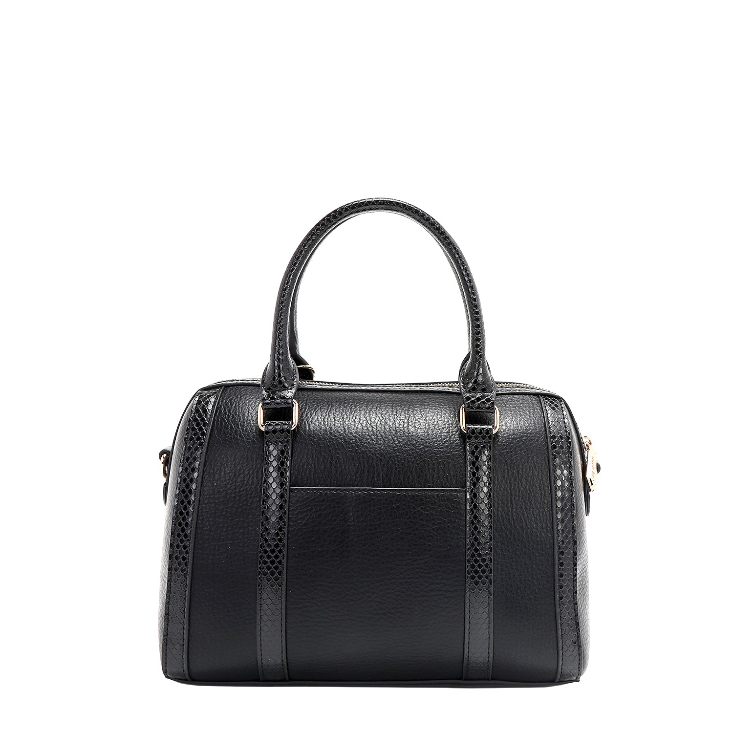 Black Lace Boston Bag with faux snakeskin accents and a lace