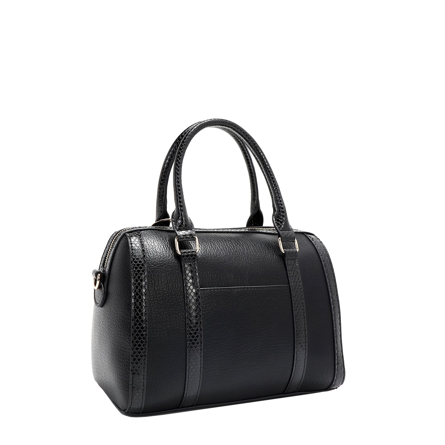 Black Lace Boston Bag with faux snakeskin accents and a lace