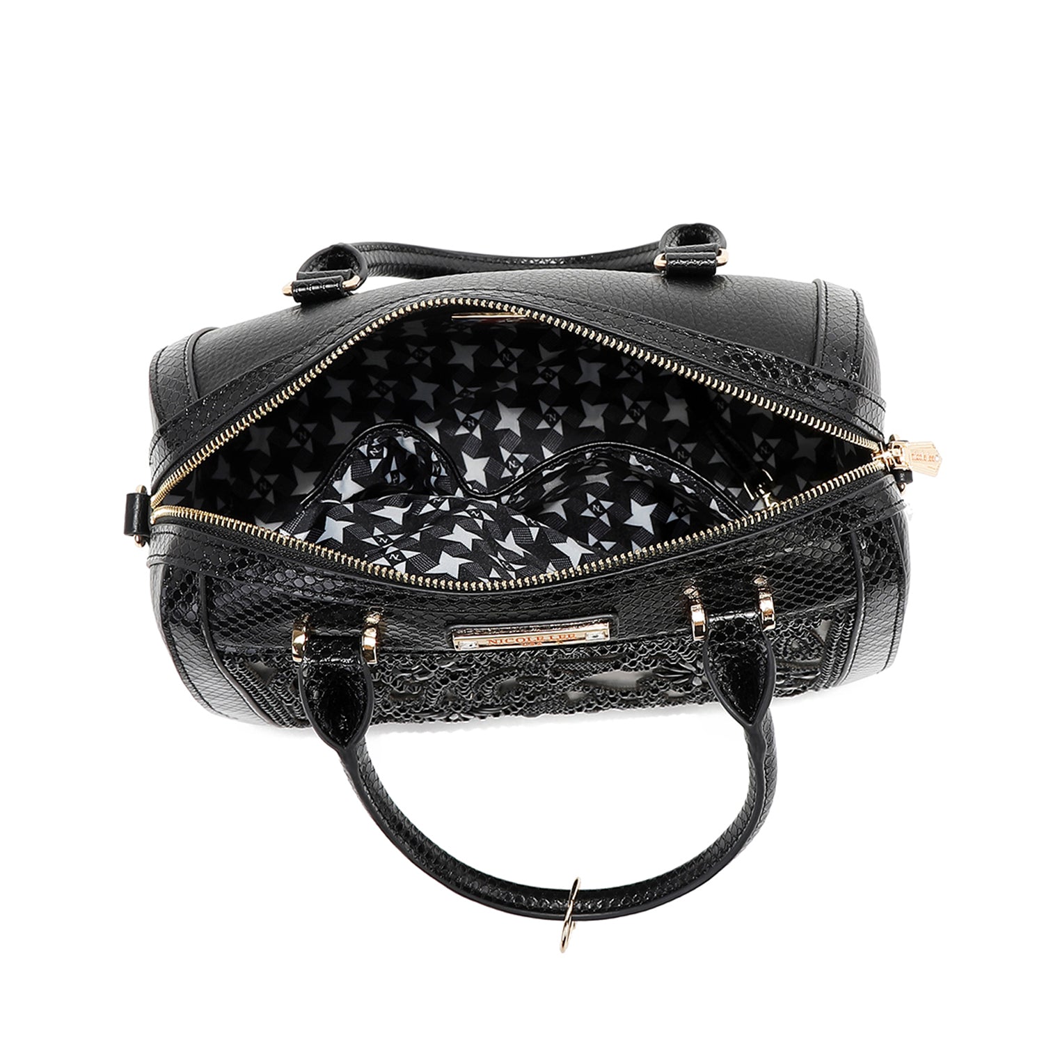 【eL】Large Boston Bag Black Lace Boston Bag with faux snakeskin accents and a lace