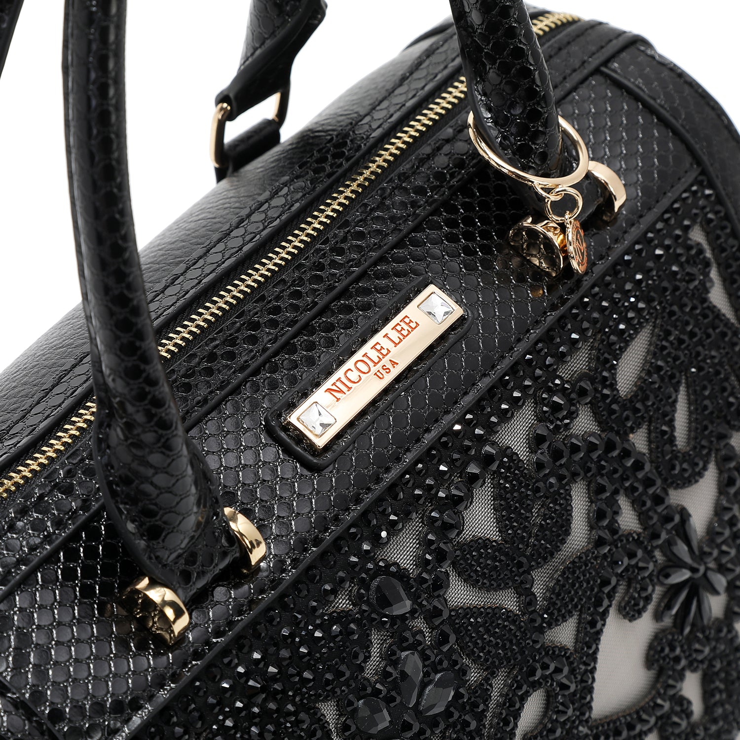 Black Lace Boston Bag with faux snakeskin accents and a lace