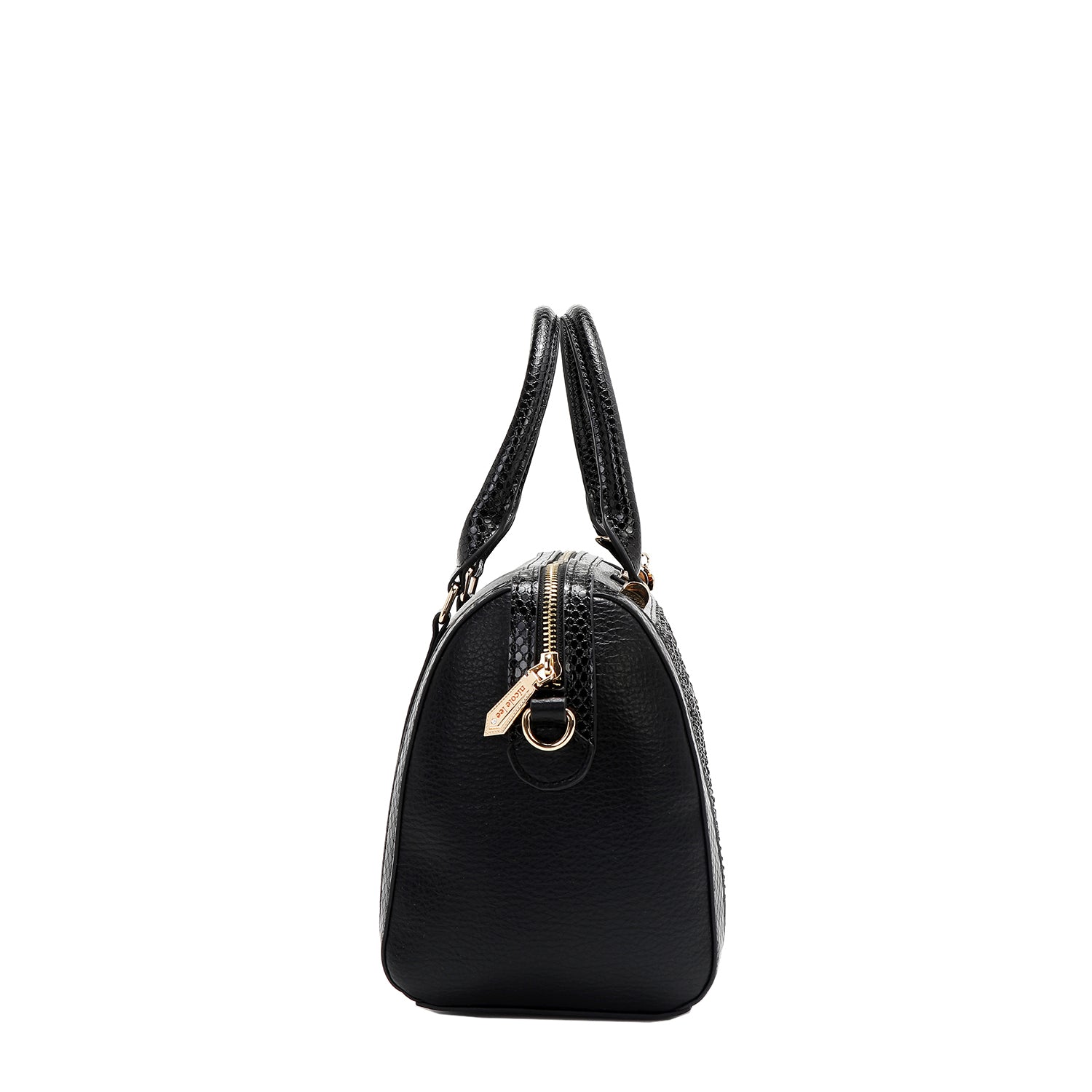 Black Lace Boston Bag with faux snakeskin accents and a lace