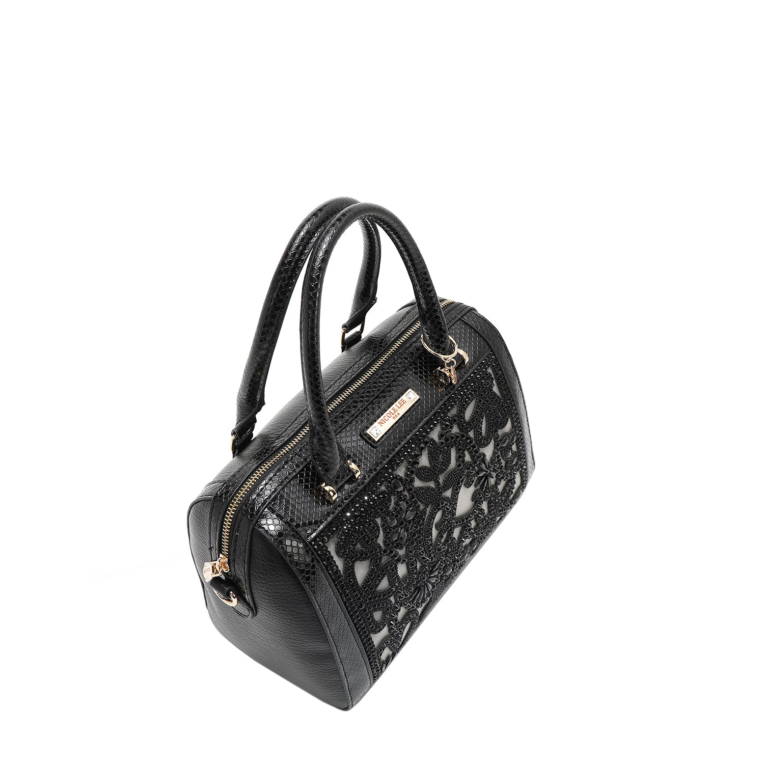 Black Lace Boston Bag with faux snakeskin accents and a lace Black Lace Boston Bag with faux snakeskin accents and a lace