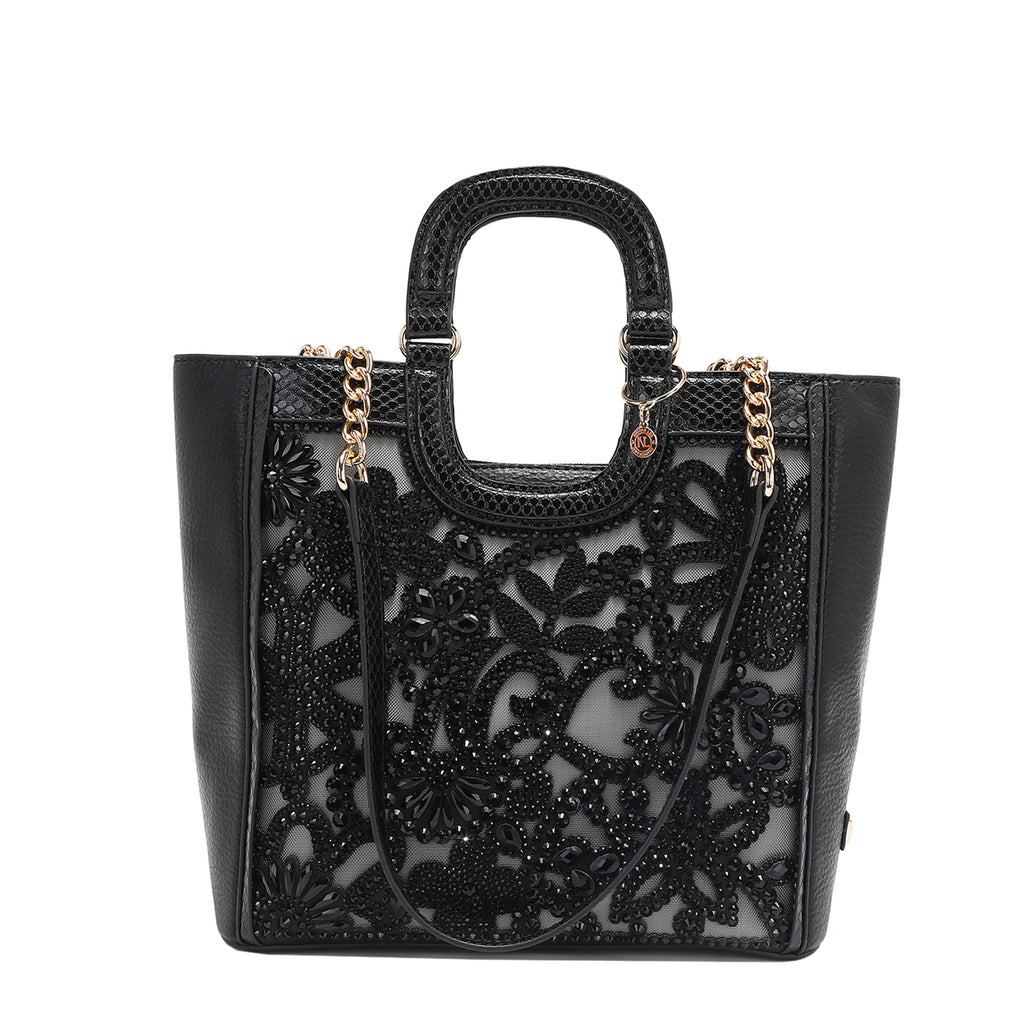 Lace Top Handle Handbag, Embellished with tonal rhinestones and