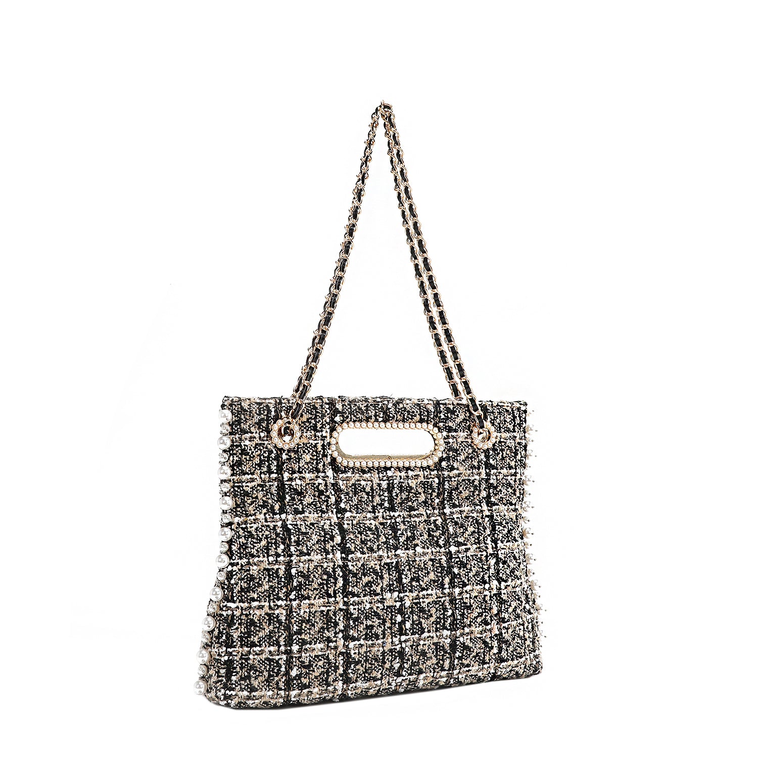 Tweed Pearl and Diamond Rhinestone Clutch Design Handbag, Chain
