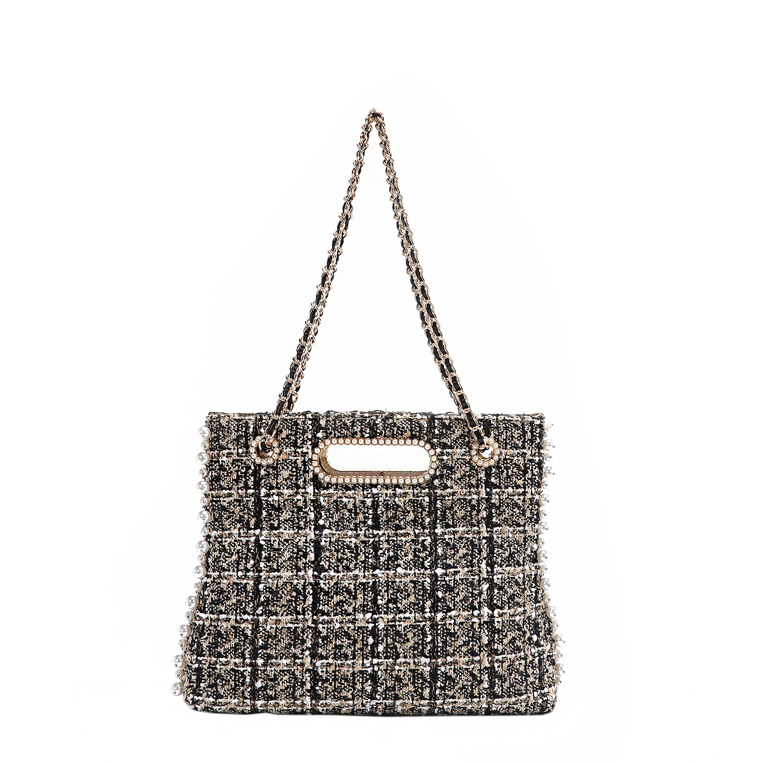 Tweed Pearl and Diamond Rhinestone Clutch Design Handbag, Chain