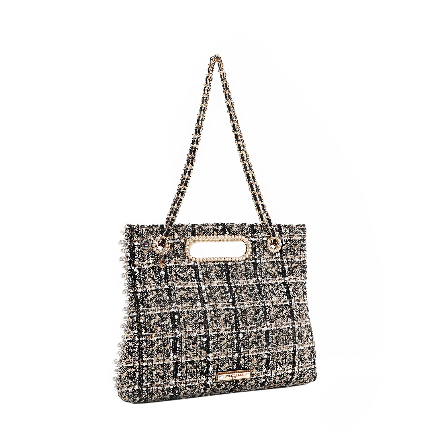 Tweed Pearl and Diamond Rhinestone Clutch Design Handbag, Chain