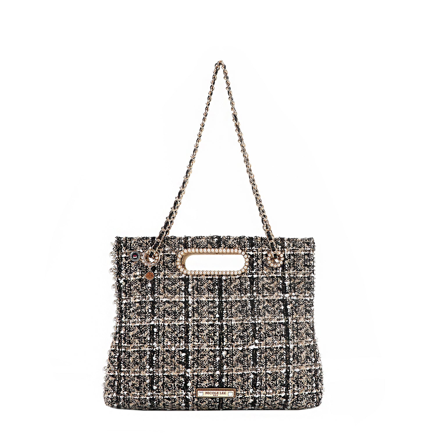 Tweed Pearl and Diamond Rhinestone Clutch Design Handbag, Chain