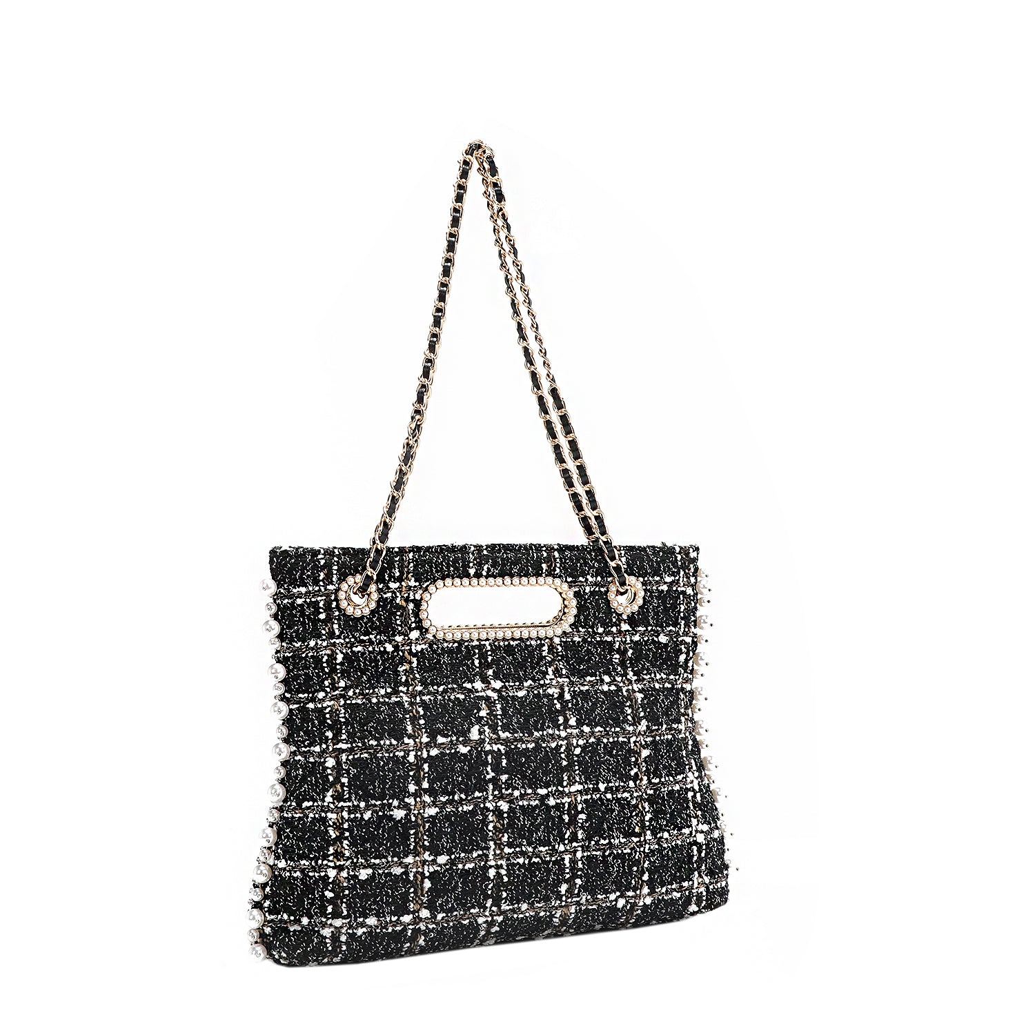 Tweed Pearl and Diamond Rhinestone Clutch Design Handbag, Chain