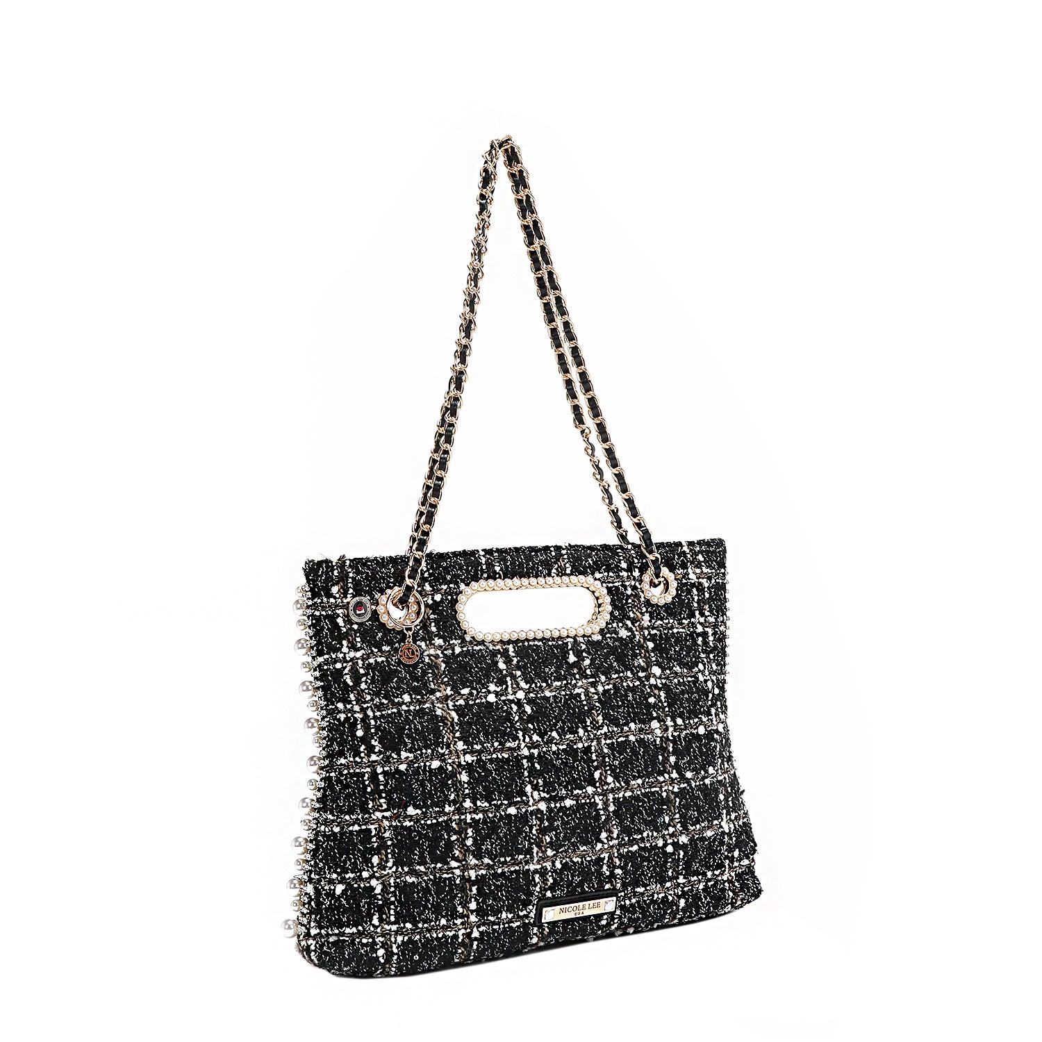 Tweed Pearl and Diamond Rhinestone Clutch Design Handbag, Chain
