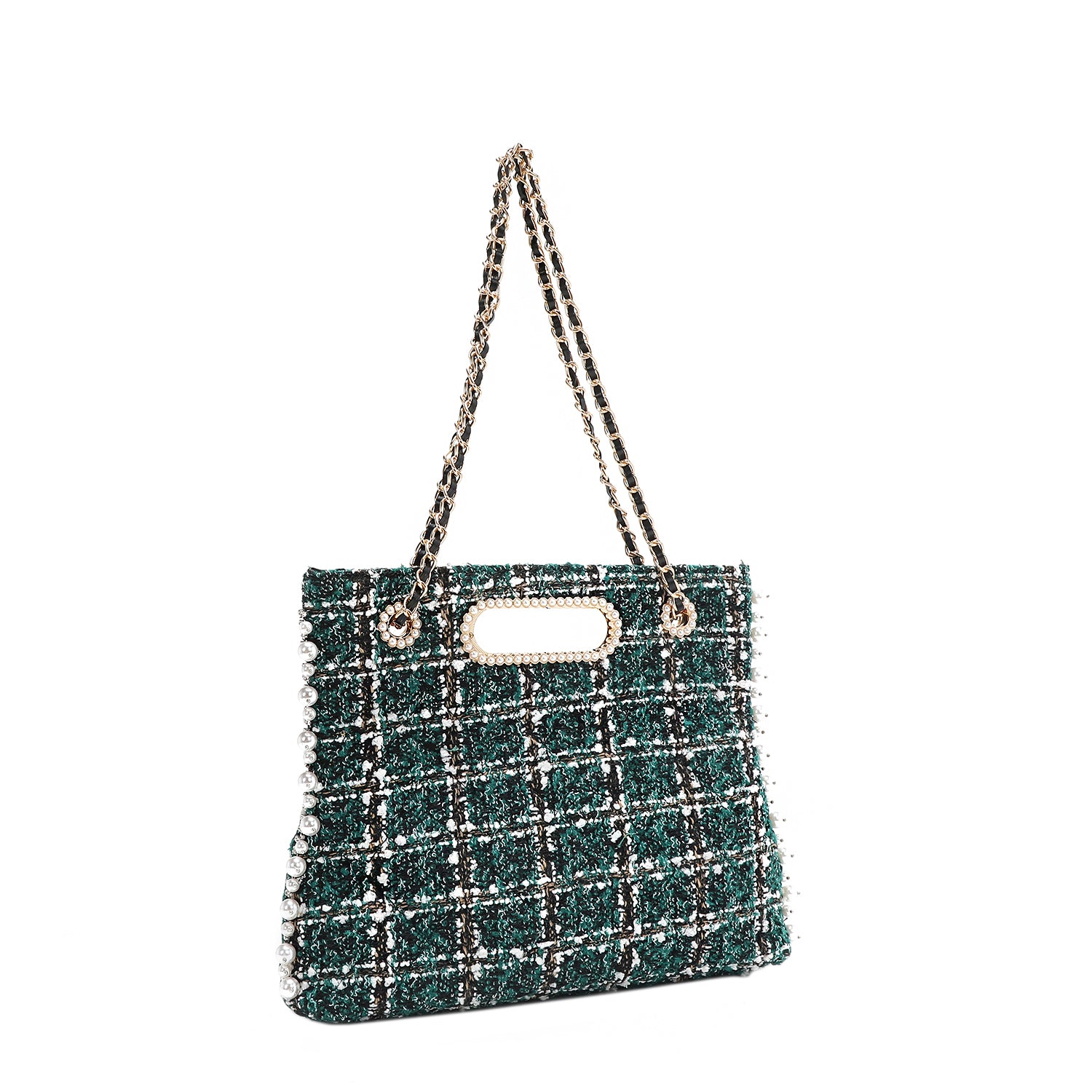 ウィッシュ　 Tweed Pearl and Diamond Rhinestone Clutch Design Handbag, Chain