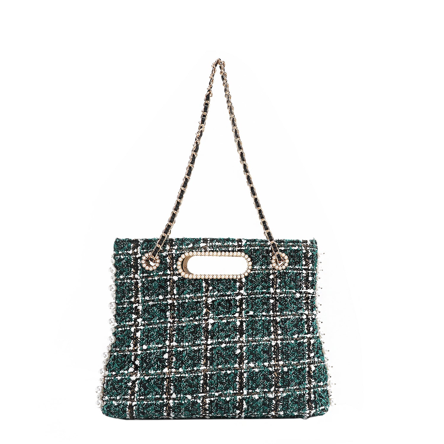 大人可愛いツイードBAG ［LUU］ Tweed Pearl and Diamond Rhinestone Clutch Design Handbag, Chain