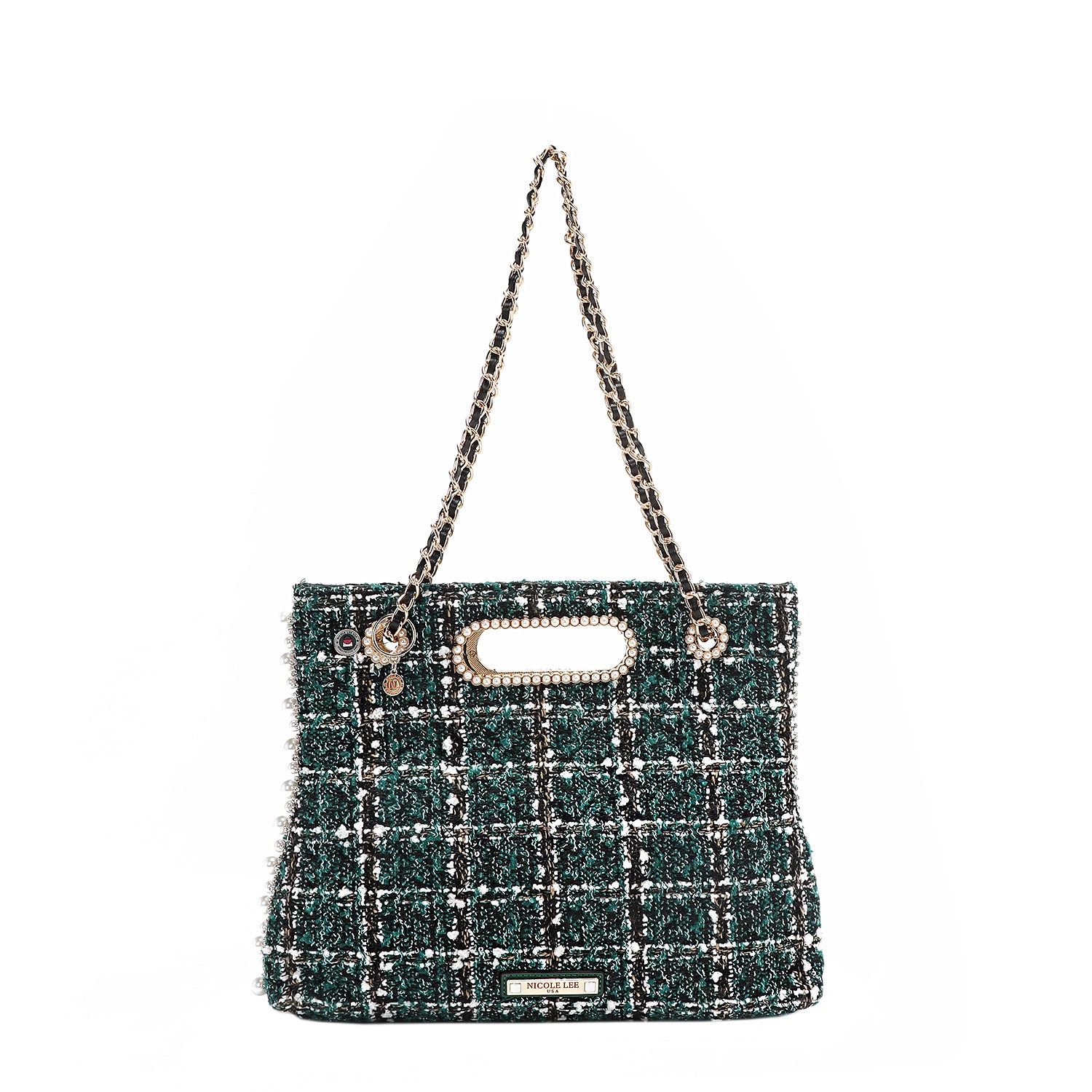 Tweed Pearl and Diamond Rhinestone Clutch Design Handbag, Chain