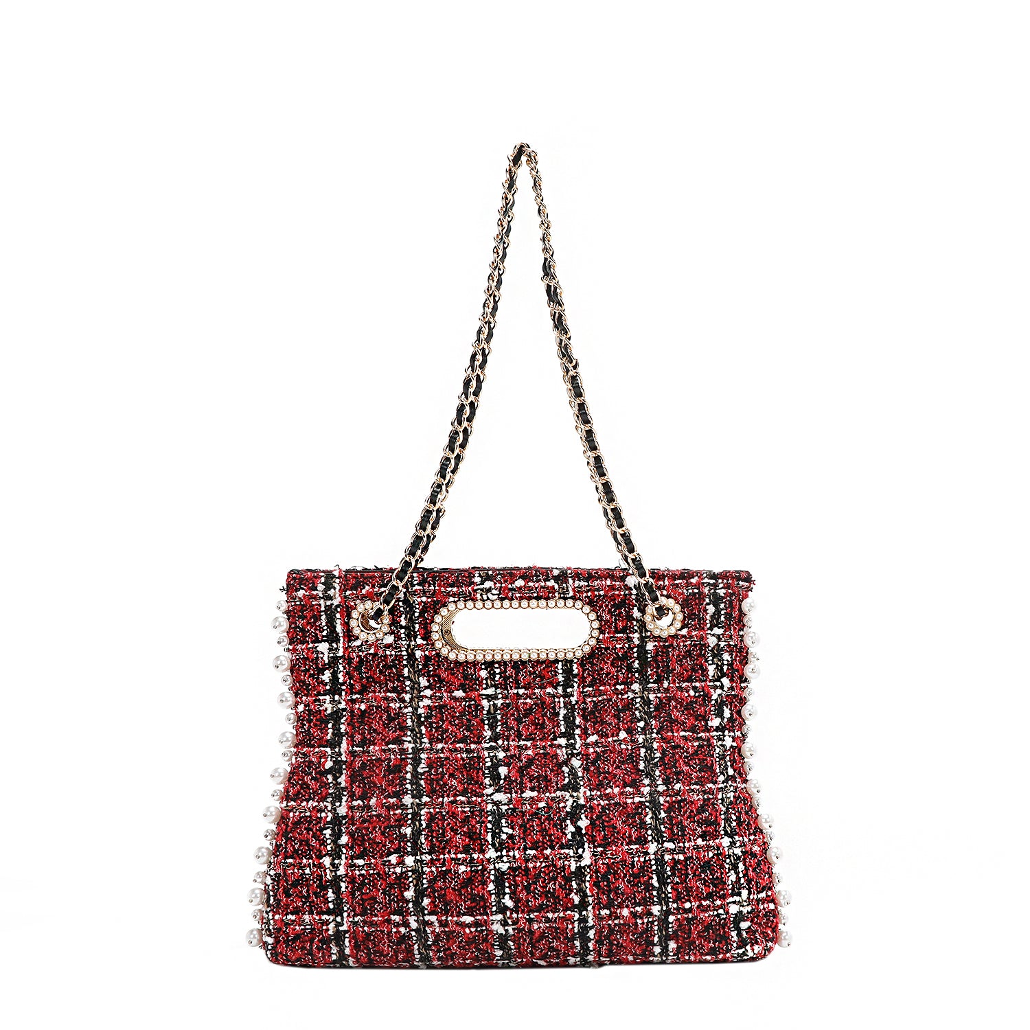 Tweed Pearl and Diamond Rhinestone Clutch Design Handbag, Chain